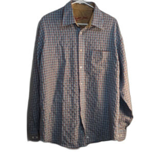 Bugatchi Uomo Shirt Large Blue With Yellow Embroidered Plaid Button Down Top